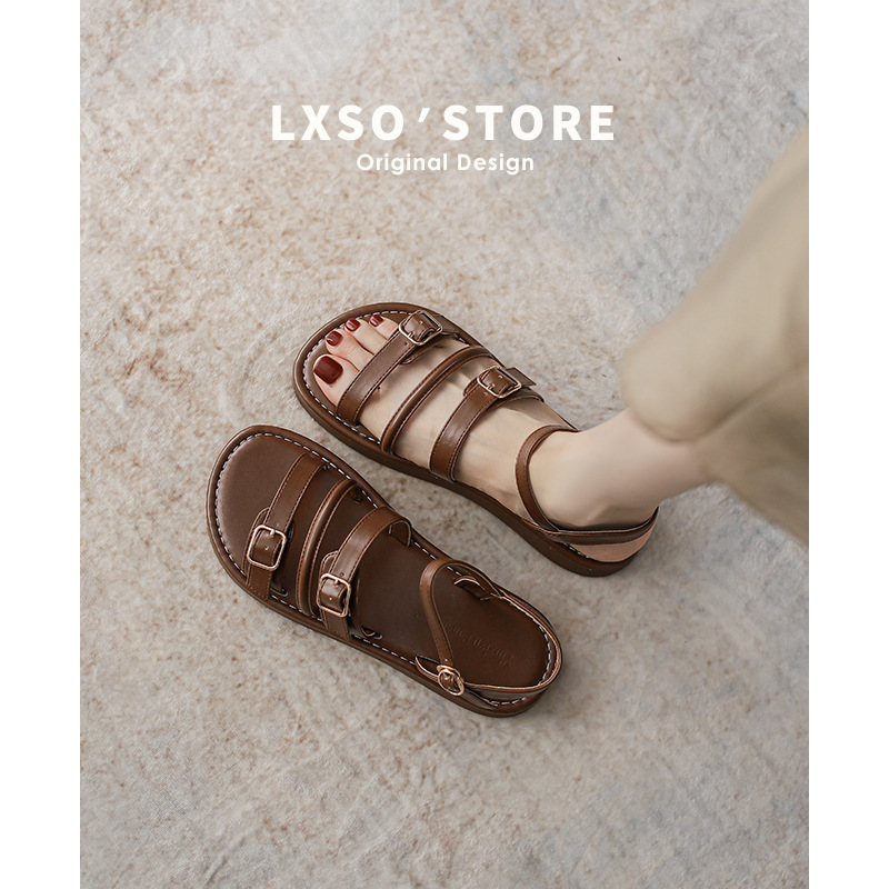 Women's Roman Style Flat Sandals Single Strap with Buckle Fashionable Soft Sole Thin Strap Summer Beach Sandals_vogvips.com
