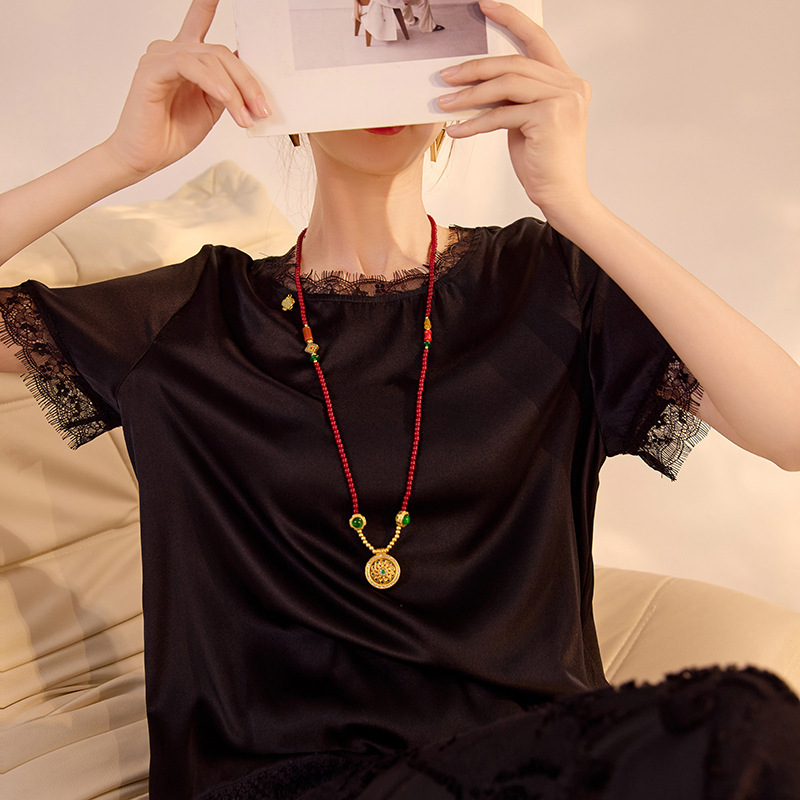 National Style Fashion Lace Design Black Round Neck Top Summer New Chinese Style Mulberry Silk Shirt for Women Zx Model N3066