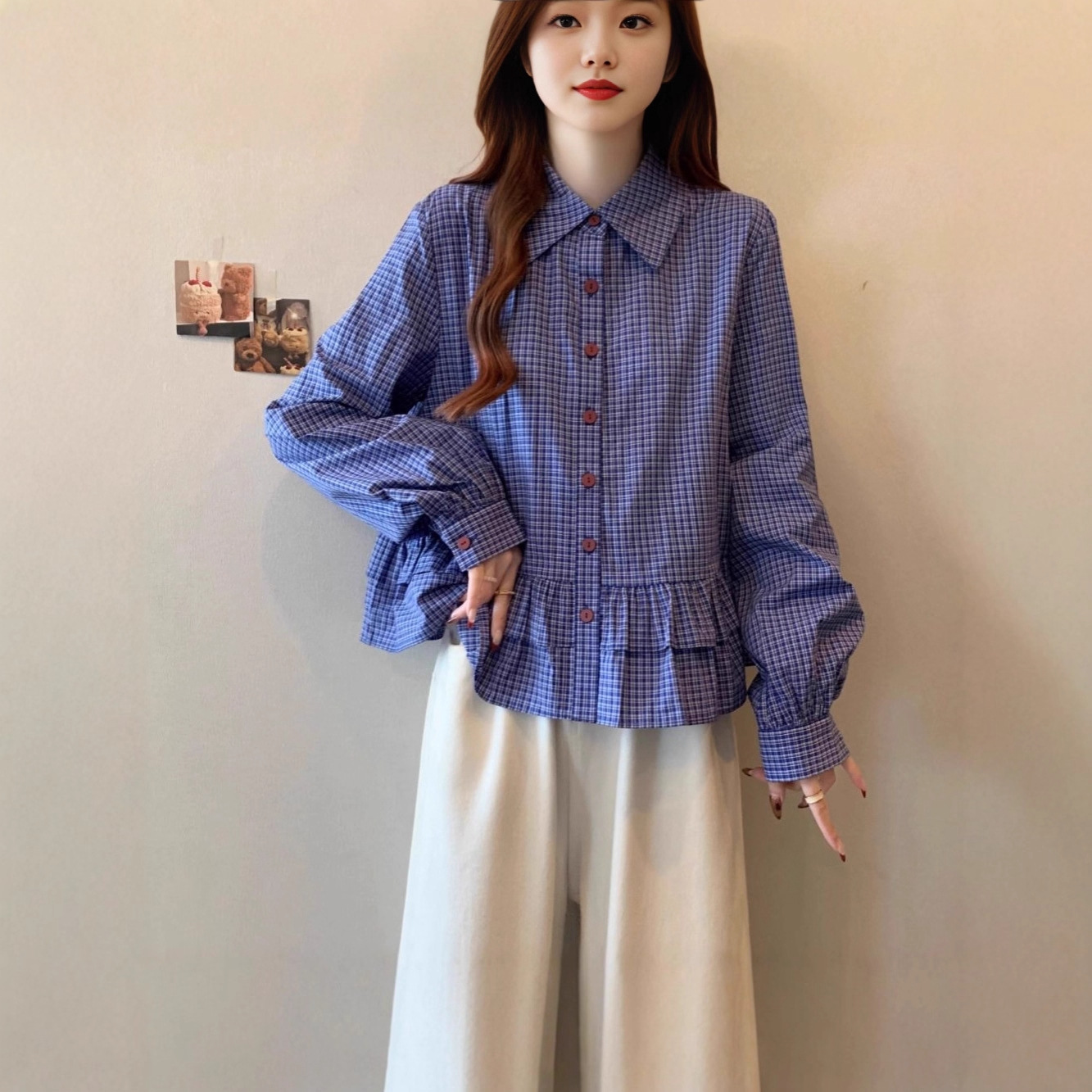 Korean Blue Plaid Splicing Long-Sleeved Shirt for Women Autum 2025 New Preppy Style Fashionable Age-Reducing Top