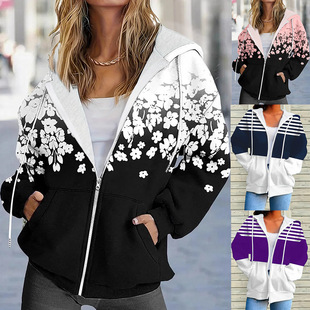 Autumn and Winter European and American Cross-Border Supply New Amazon Flower Striped Print Pocket Loose Long-Sleeve Plus-Size Jacket