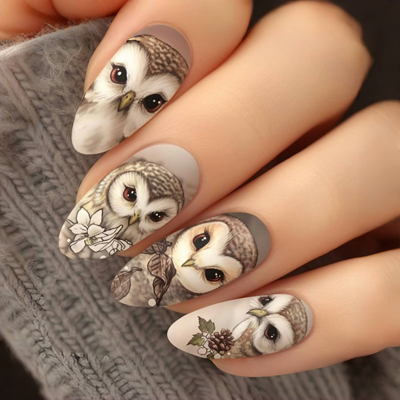 Ins Style European and American Wear Armor Owl's Bright Eyes Frosted Drops Armor Almond False Nail Pieces Nail Art YA-63