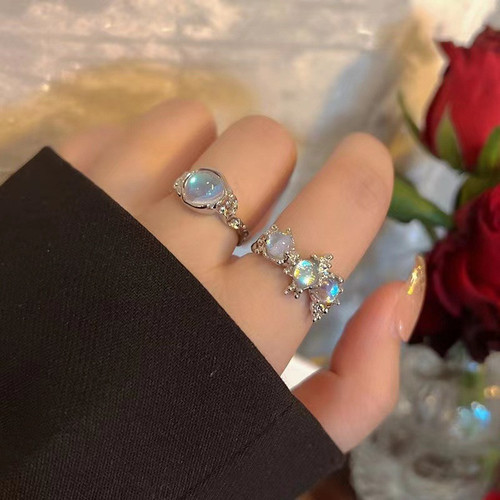 Ins-inspired opal moonstone ring, light luxury niche design lava zirconia index ring, versatile finger ring