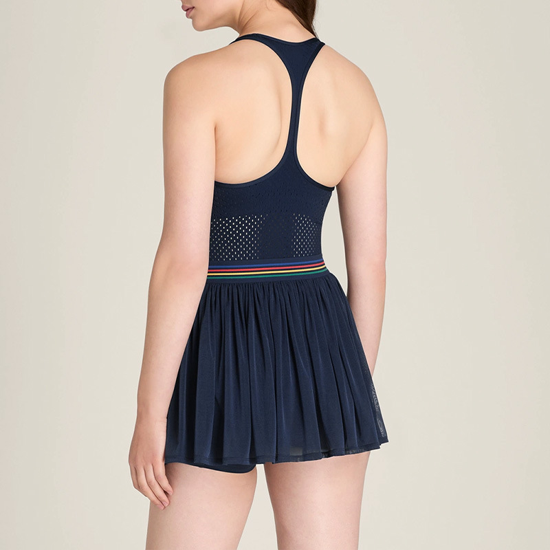 Cross-Border Summer High-Waisted Hollow-Out Backless Color-Block Breathable Quick-Dry Tennis Skirt Anti-Exposure Running Sports One-Piece Skirt for Women