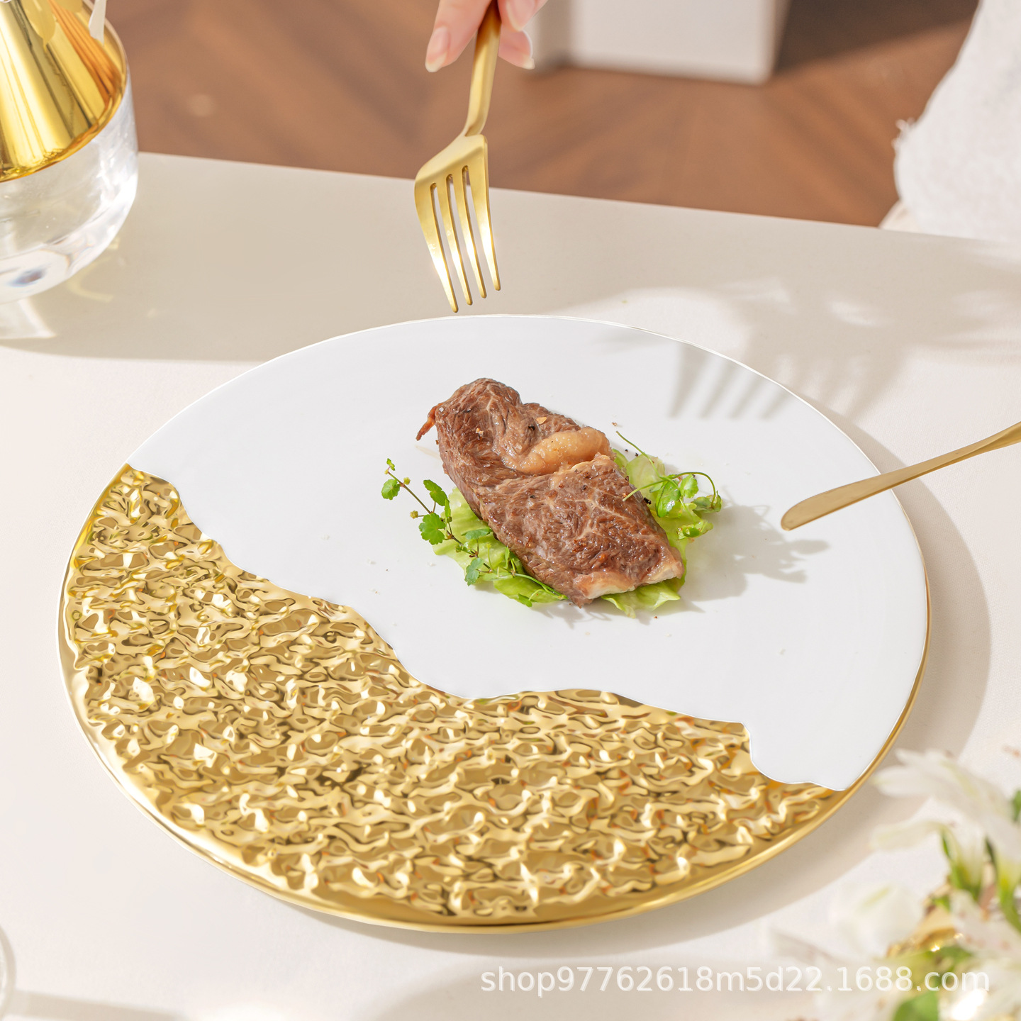 High-end gold-edged rock pattern flat plate ceramic dinner plate dessert plate steak plate large artistic conception dish plate inlaid with gold