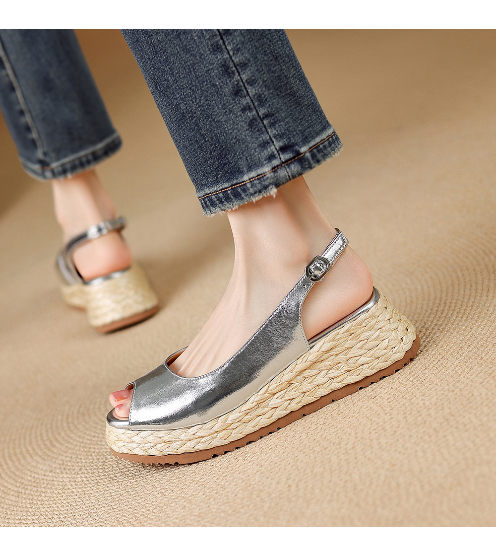 Sandal cao gót nữ mũi hở đế xuồng đan rơm — màu vàng, bạc chi tiết 11