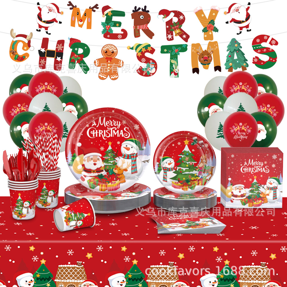 Nuevos artículos de decoración de la fiesta de Navidad bandeja de papel desechable taza de papel toallas de bandera de dibujo de decoración de platos