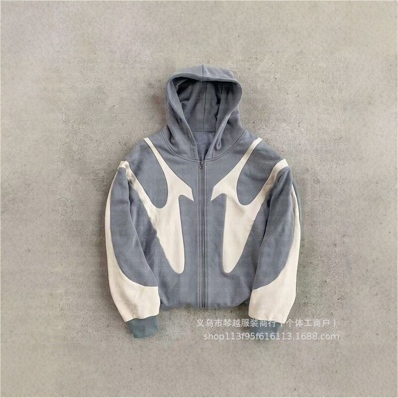 Gray and white color-blocked hooded sweatshirt, street-style hip-hop design, contrasting zipper closure, trendy style Gray and white color-blocked hooded sweatshirt, street-style hip-hop design, contrasting zipper closure, trendy style