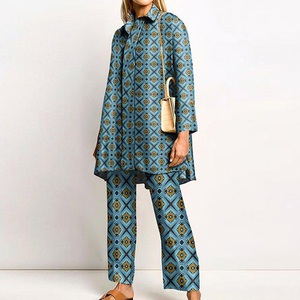 Abbigliamento da donna primavera ed estate temperamento strada stampa camicia a maniche lunghe moda casual abito due pezzi set_voghion.com