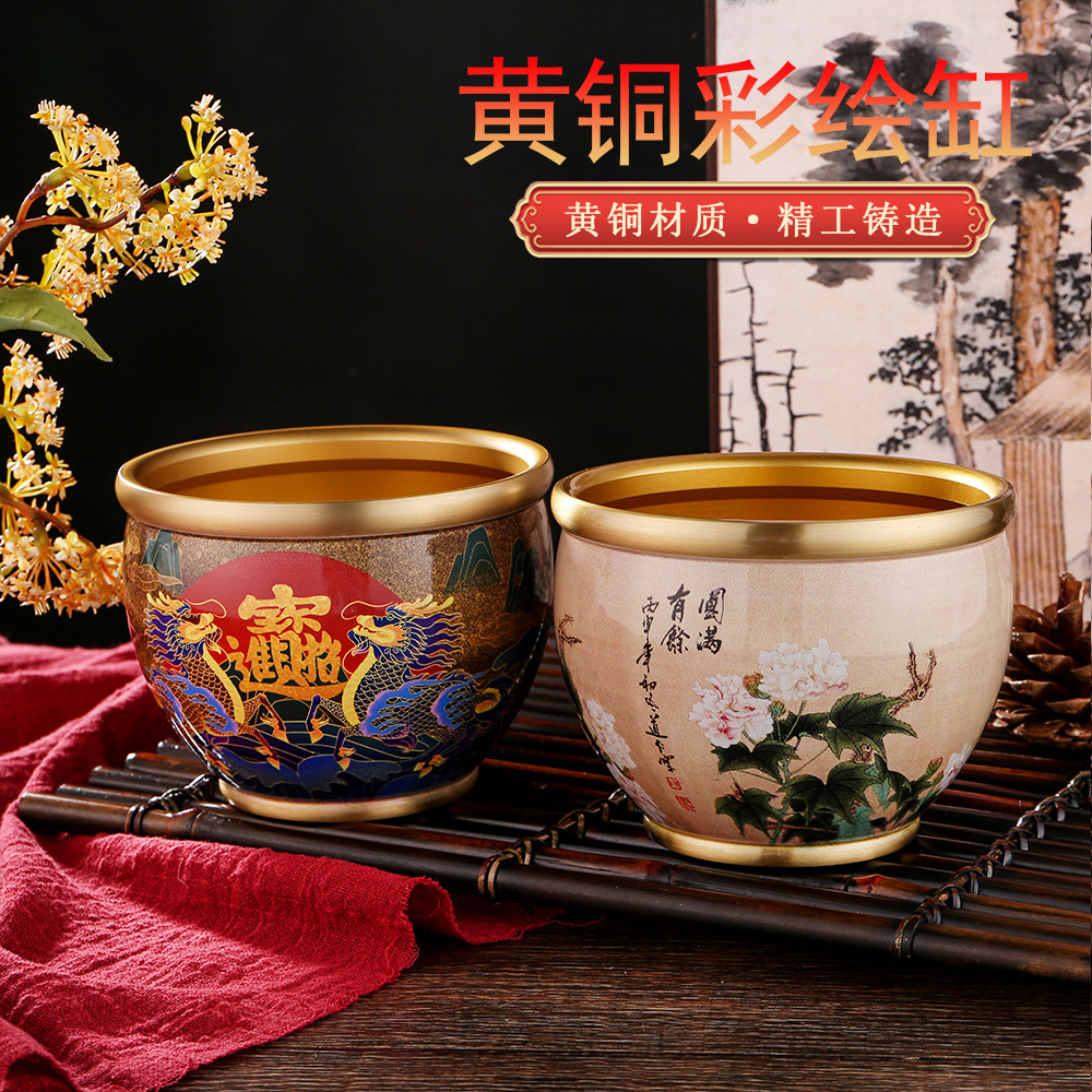黃銅大號12cm彩繪缸創意招財進寶聚寶盆千里江山米缸家居裝飾擺件