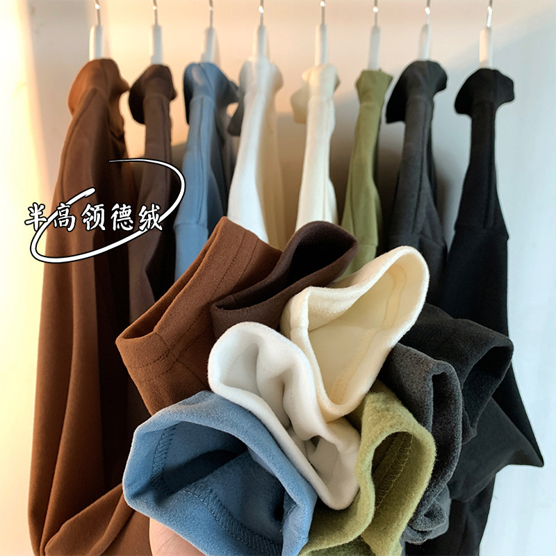 2025 New Men's Half Turtleneck Inner T-Shirt German Velvet Warm Pure Color Simple Loose Casual T-Shirt Bottoming Shirt