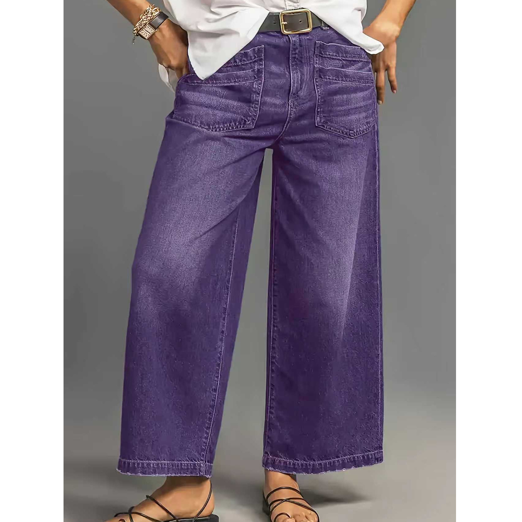 Wide-Leg Plus-Size Fashionable Jeans, Casual and Versatile Pants, Belt Not Included, the Belt Is Just for Decoration