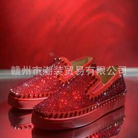 cl andgz红色牛皮水钻低帮红底鞋男鞋一脚蹬圈铆钉鞋情侣款休闲板