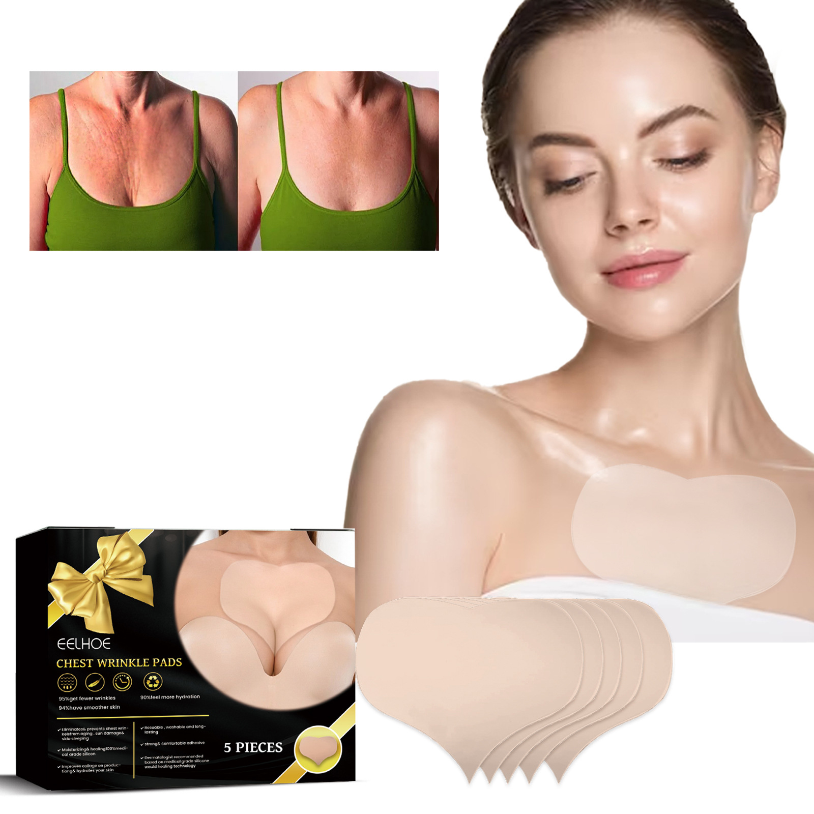 EELHOE Breast Anti-Wrinkle Patch, Lighten Breast Wrinkles, Moisturize and Tighten the Skin of the Breast Groove, Breast Moisturizing Silicone Patch 
