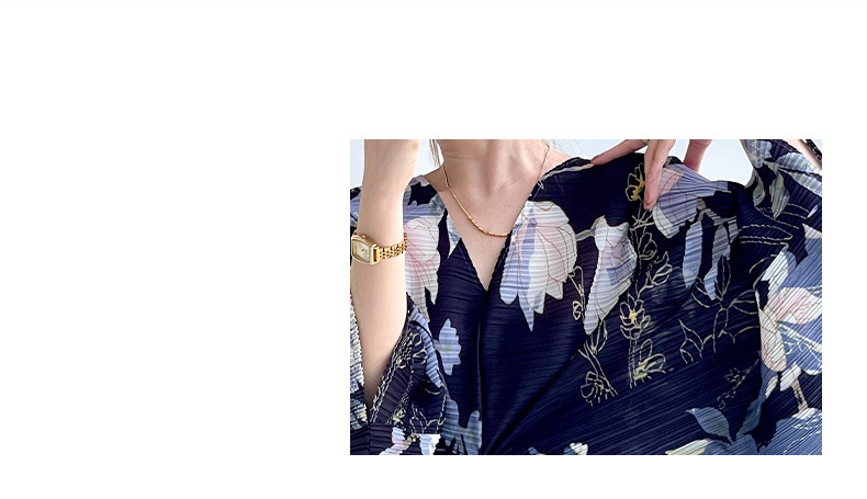Đầm nữ suông midi tay cánh dơi in họa tiết rời xếp ly phong cách Nhật — Màu đen chi tiết 4