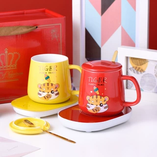 萌虎恒温杯55度暖暖杯陶瓷自动加热垫套装礼盒水杯咖啡办公保温杯