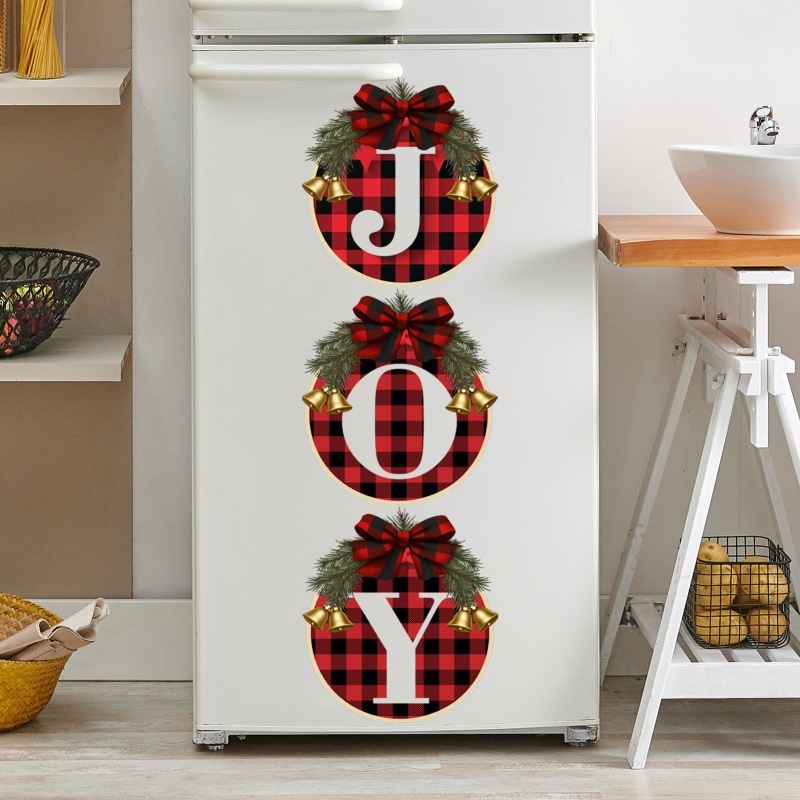 新しいクリスマスアイデアJOY楽しい赤黒格花輪門掛祝日パーティー装飾壁貼り|undefined