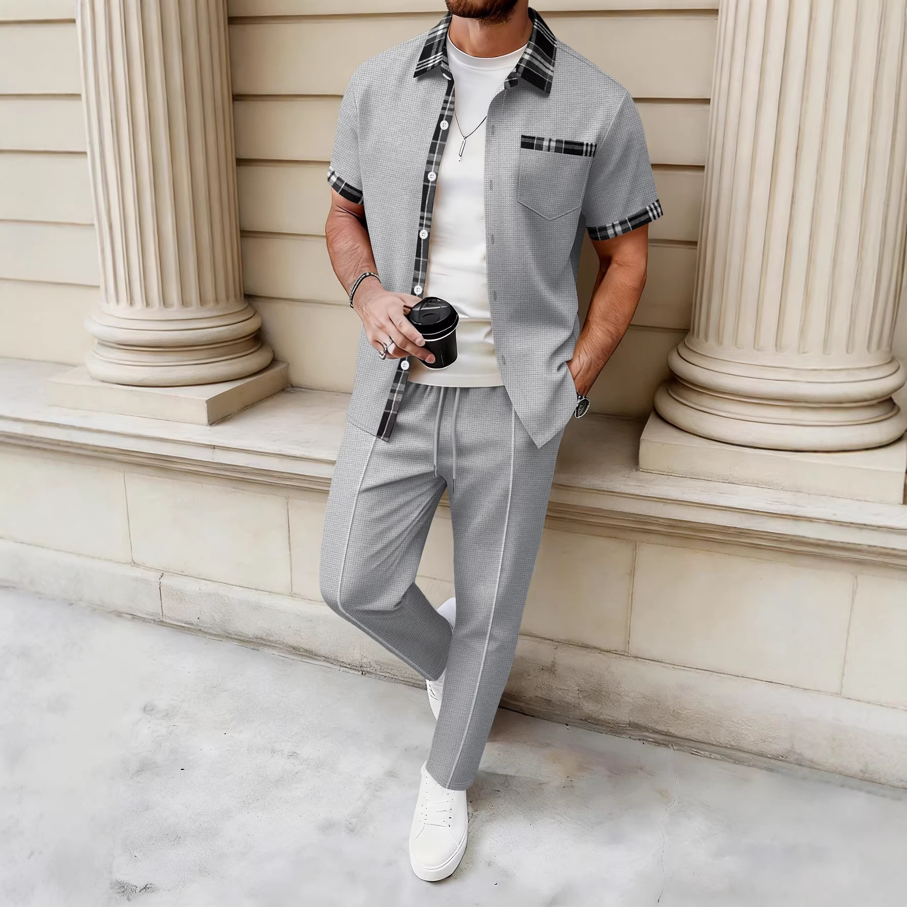 Completo da uomo composto da camicia e pantaloni in maglia waffle – Traspirante, con cuciture a contrasto, ideale per la primavera/estate (bianco/grigio/nero/bordeaux/kaki/verde scuro, taglie S-XXXL)_voghion.com