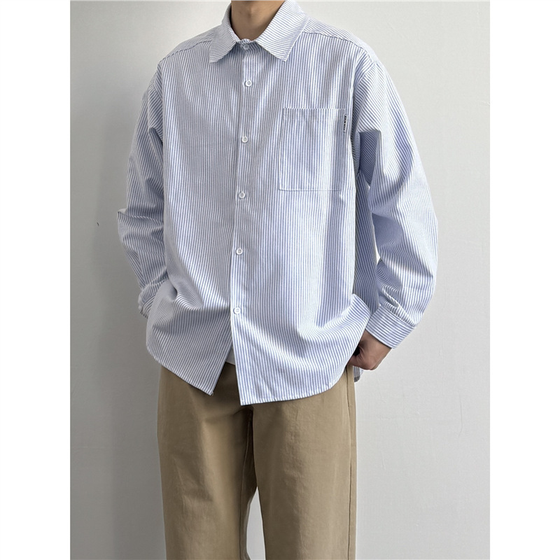 Onun Japanese Style Retro Blue and White Stripesd Oxford Long-Sleeved Shirt Loose Casual Lapel Work Shirt Jacket Trendy Onun Japanese Style Retro Blue and White Stripesd Oxford Long-Sleeved Shirt Loose Casual Lapel Work Shirt Jacket Trendy