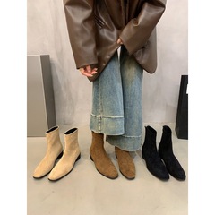 黑色短靴女靴子法式瘦瘦靴秋冬季新款长筒绒面骑士小香马丁靴