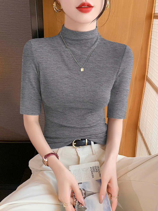 モーダル半袖 Tシャツレディースハーフタートルネックボトリングシャツ 2025 夏の新ファッション多用途黒スリムトップ|undefined