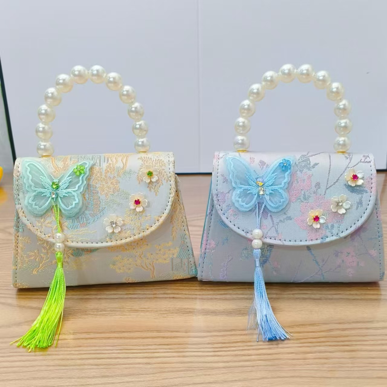 Bolso de princesa con lazo de estilo chino, bolso de hombro con borla de perlas, regalo del día del niño para niñas, bolso de accesorios Hanfu