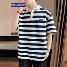 NASA新款条纹短袖t恤男士夏季美式潮流冰丝薄款翻领POLO衫上衣服