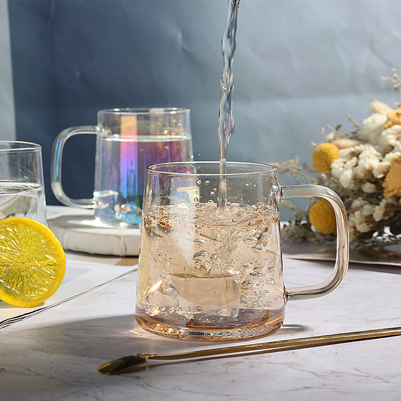 Taza de café de vidrio Aurora colorida con asa, taza de vidrio para el hogar de alto valor, taza de desayuno, sentido avanzado
