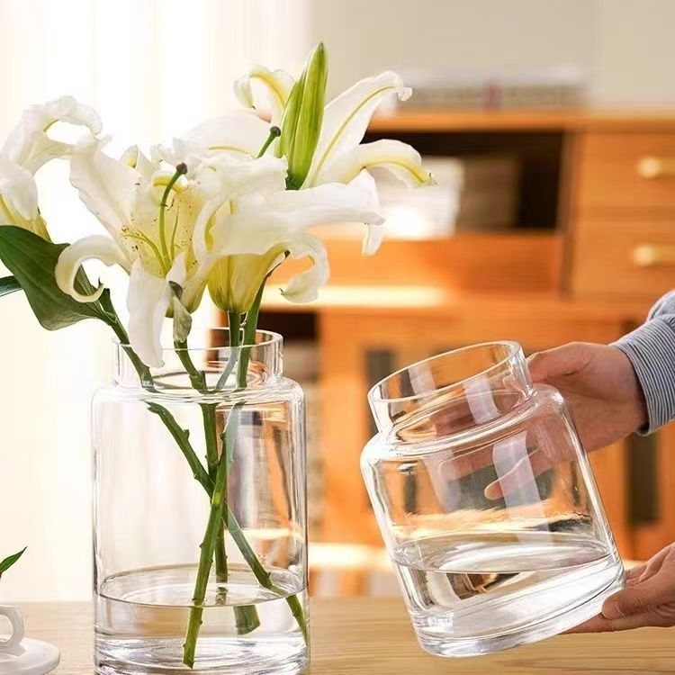 Decoración de vasos de flores para la sala de estar, vidrio ligero de lujo, alta calidad, mesa de comedor retrógrada transparente, rosa hidropónica baja, boca ancha