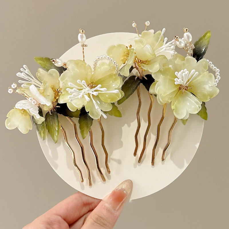Peonía Peonía Peine Verde Fresco Peine Cheongsam Accesorios Peine Insertado Tocado Mujer Lado Fairy Beauty Bola Bola Accesorios para el cabello