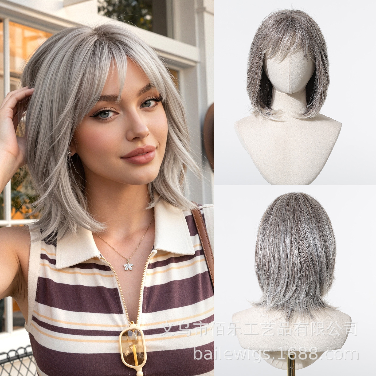 Peruca híbrida gris plateada gradiente nivel de onda de aire mecanismo de franja red interna puede ser modelado punto de suministro directo wigs