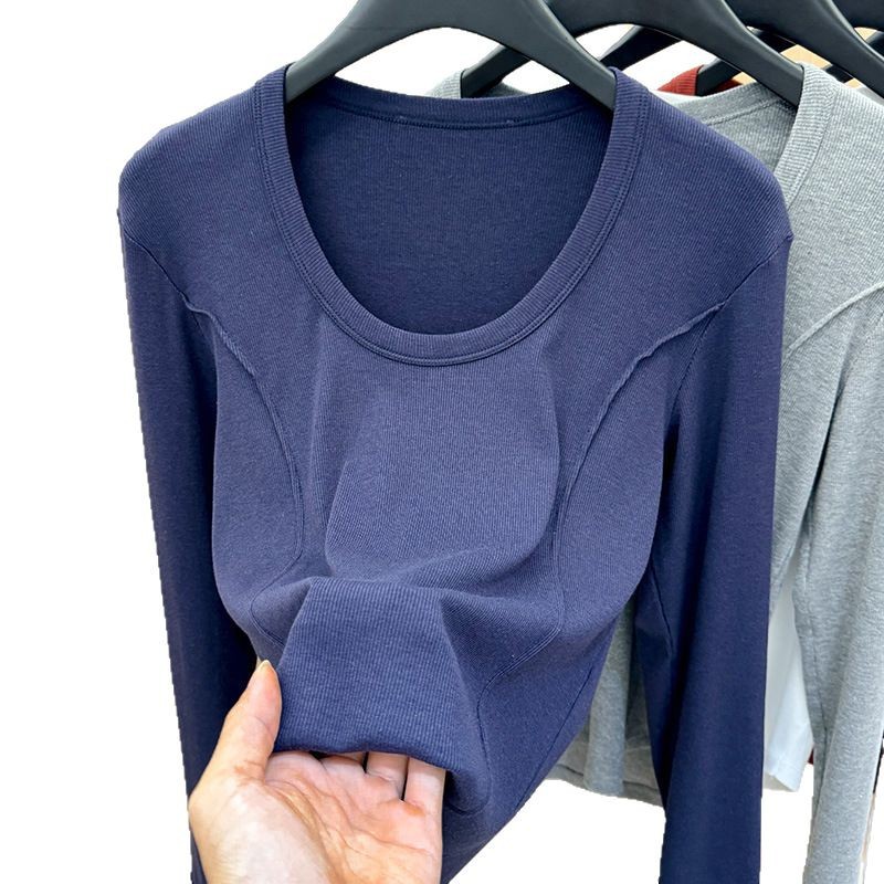 Camiseta simple de manga larga de hombro recto para mujer, primavera de 2025, nueva camiseta delgada de cuello redondo para mujer, top de cintura de espina de pescado image 5
