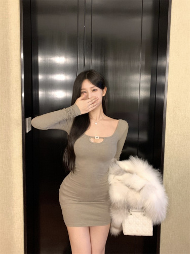 Women's American Sexy Mature Style Square Collar Long Sleeve Solid Color Base Layer Dress Autumn Quality Bustier Mini Skirt