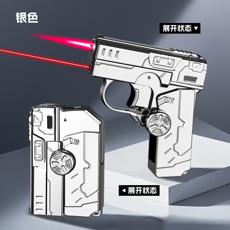 クリエイティブメタル折りたたみレーザーピストルジャイロ防風変形減圧ライターは、防風赤い炎で充填できます卸売|undefined