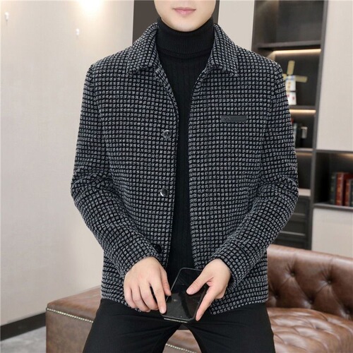 Men's Winter Leisure Stylish Woolen Overcoat with Plaid Collar, Short Length, Fleece Lining, Thick Woolen Material, Korean Style, Fashion Trend