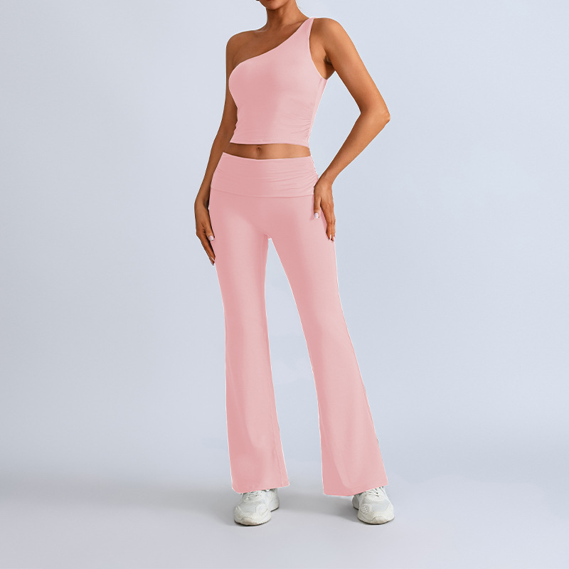 Traje de yoga transfronterizo europeo y americano, top irregular de un solo hombro para mujer, deportes, fitness, caderas, pantalones anchos, pantalones micro