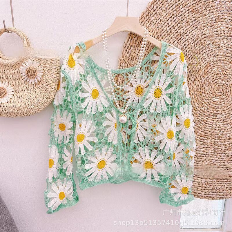 Sweet Short Daisy Cut Out V Neck Lace-Up Long-Sleeved Cardigan with Super Stylish Shirt, a Must-Have for Your Wardrobe