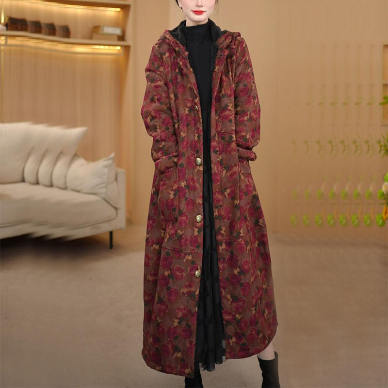 Fleece-Lined Thickened Printed Autumn and Winter New Women's Hooded Trench Coat, Warm and Slimming Casual Retro Floral Coat