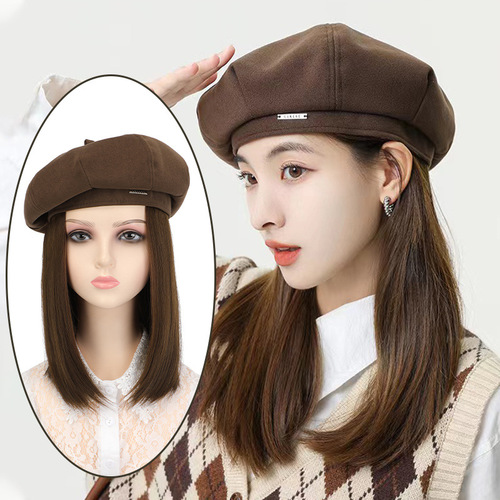 Hat and wig integrated female fashion new style internet celebrity clavicle hair wig hat medium-length straight hair beret versatile 