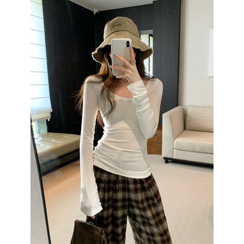 莱赛尔天丝羊毛早秋纯色气质圆领长袖T恤女新款修身显瘦内搭上衣|undefined
