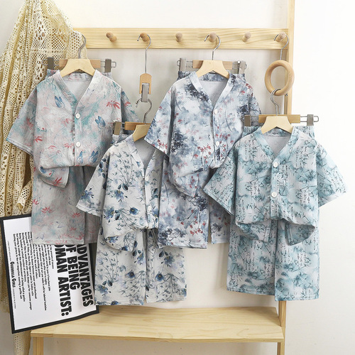 2024 Spring Cartoon Cardigan Short-Sleeve Children's Home Wear Set for Older Boys and Girls