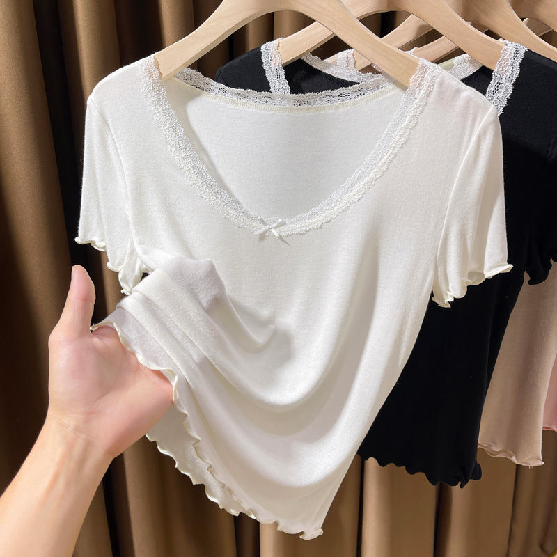 Modal Home Clothes Women's Pure Short-sleeved T-shirt Lace New Summer Bow Lace Base All-match Top