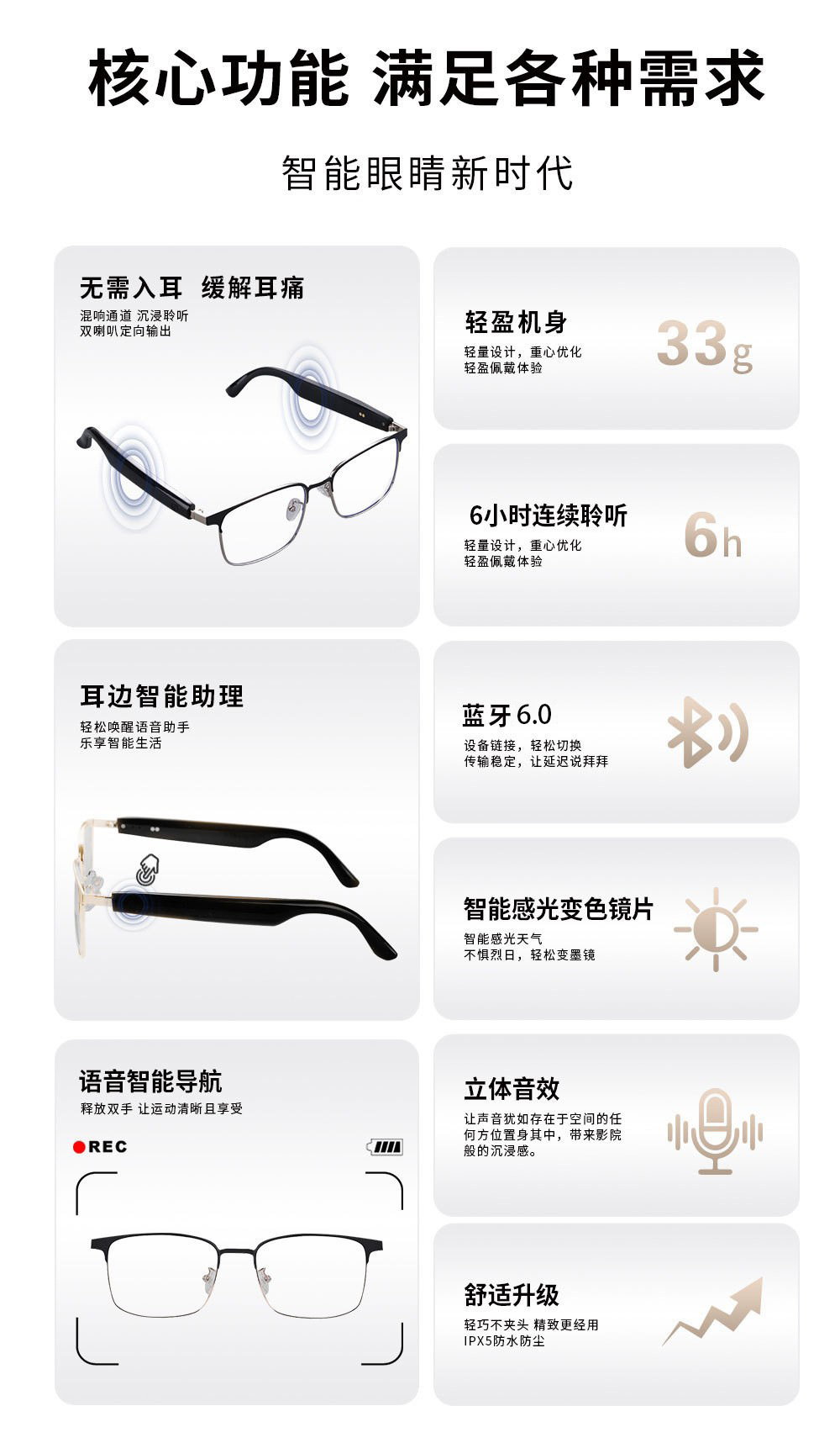 AI Translation Cross-Border Smart Glasses Bluetooth Glasses GS06 Blue Light Color-Changing Lenses Music Listening Phone Call Replaceable Lenses