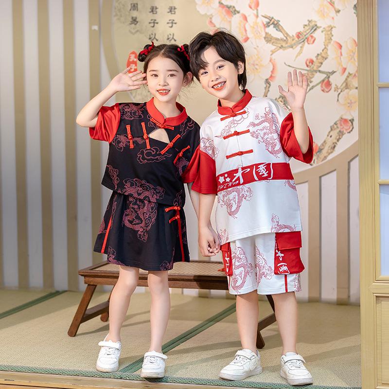 Kids' trendy Chinese-style Hanfu and Tang-era outfits: Boys' street dance sets, Girls' choir costumes, plus Children's Day cheerleading performance wear.