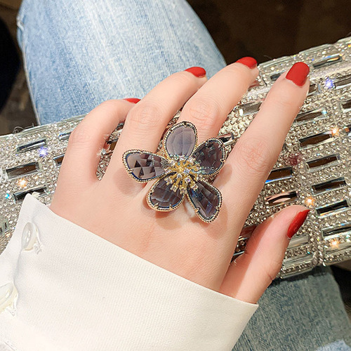 European and American personality exaggerated crystal flower ring, feminine, Korean fashion open ring, internet celebrity index finger ring, trendy