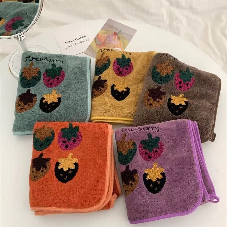 Ins Style Strawberry Embroidered Towel Bath Towel suit for Men and Women Face Washing Household Double-Layer Coral Fleece Absorbent and Easy to Dry