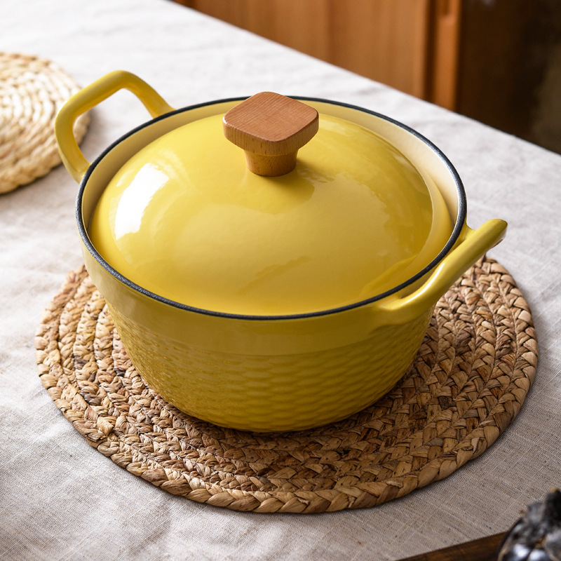 Pequeña felicidad 22cm olla de esmalte de hierro fundido olla de guiso de oreja deformada olla de sopa doméstica sartén multifuncional olla antiadherente eléctrica