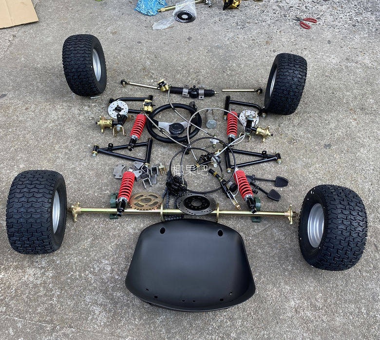 Modified Go-Kart Parts, Homemade Four-Wheel Vehicle with Front and Rear Suspension, Steering Wheel, 1m Rear Axle, 6/7/ 8inch Tires