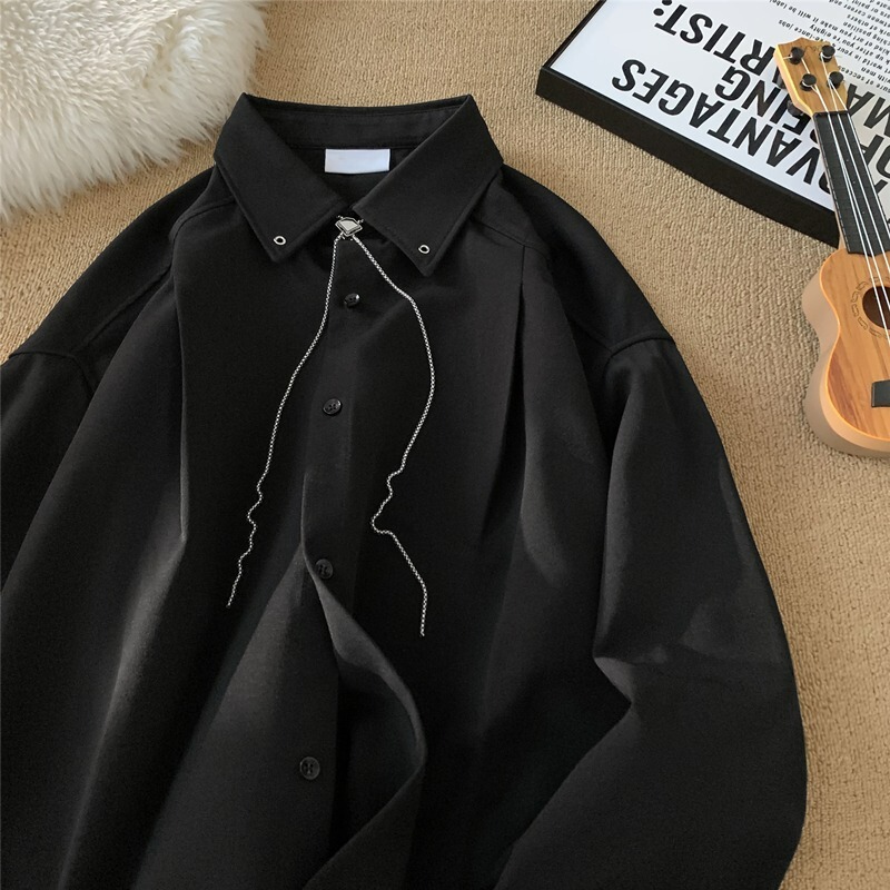 Cross-Border Spring and Autumn Japanese Style Necklace Design Long-Sleeved Shirt Handsome Trendy Men's Casual Black Shirt Men