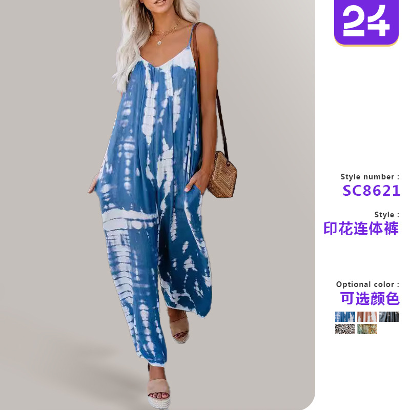 2025 New Cross-Border Summer Amazon European and American Clothing Jumpsuit Suspenders Sexy Wide-Leg Casual Printed Pants