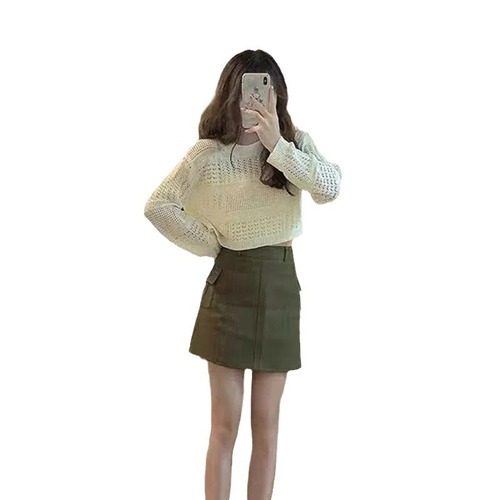 Knitted long-sleeve women's summer hollow-out versatile thin ice-silk relaxed-fit pullover with a stylish design—perfect for petite figures